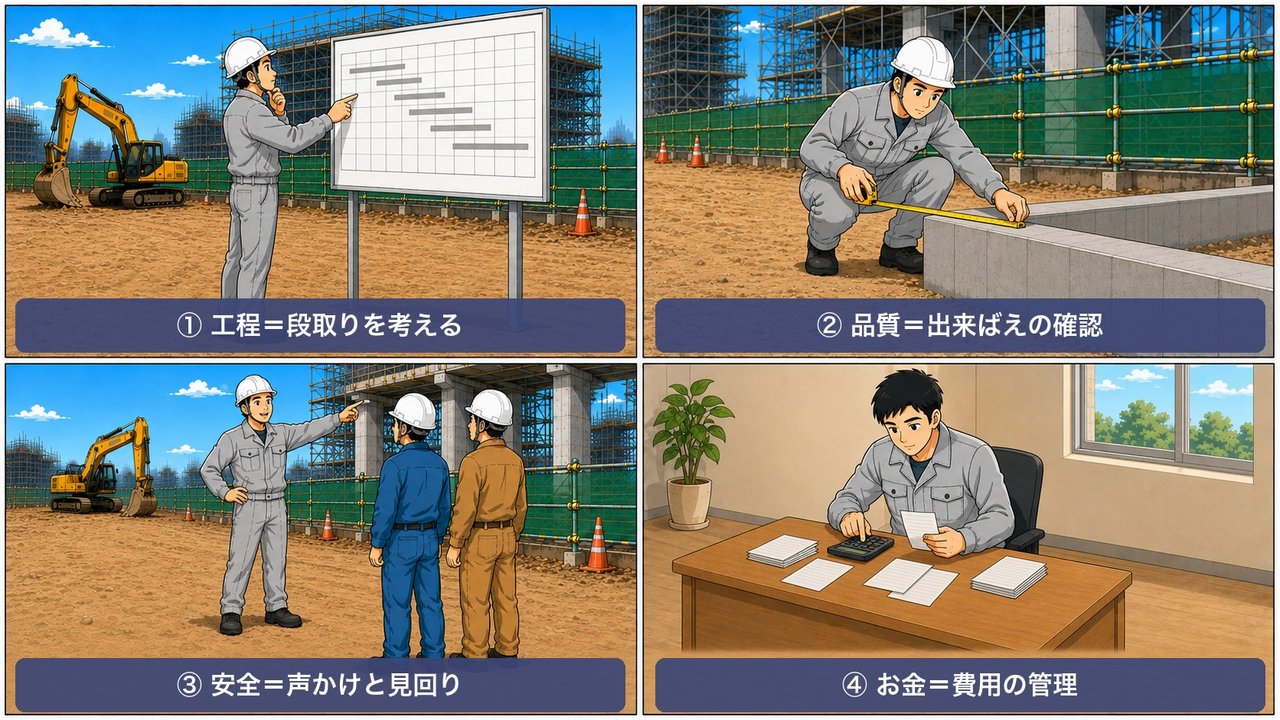 現場監督が管理する4つのもの(工程・品質・安全・お金)を場面ごとに描いた図解