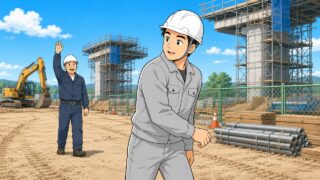 建設現場で「監督」と呼ばれて振り返る若手の施工管理のイラスト