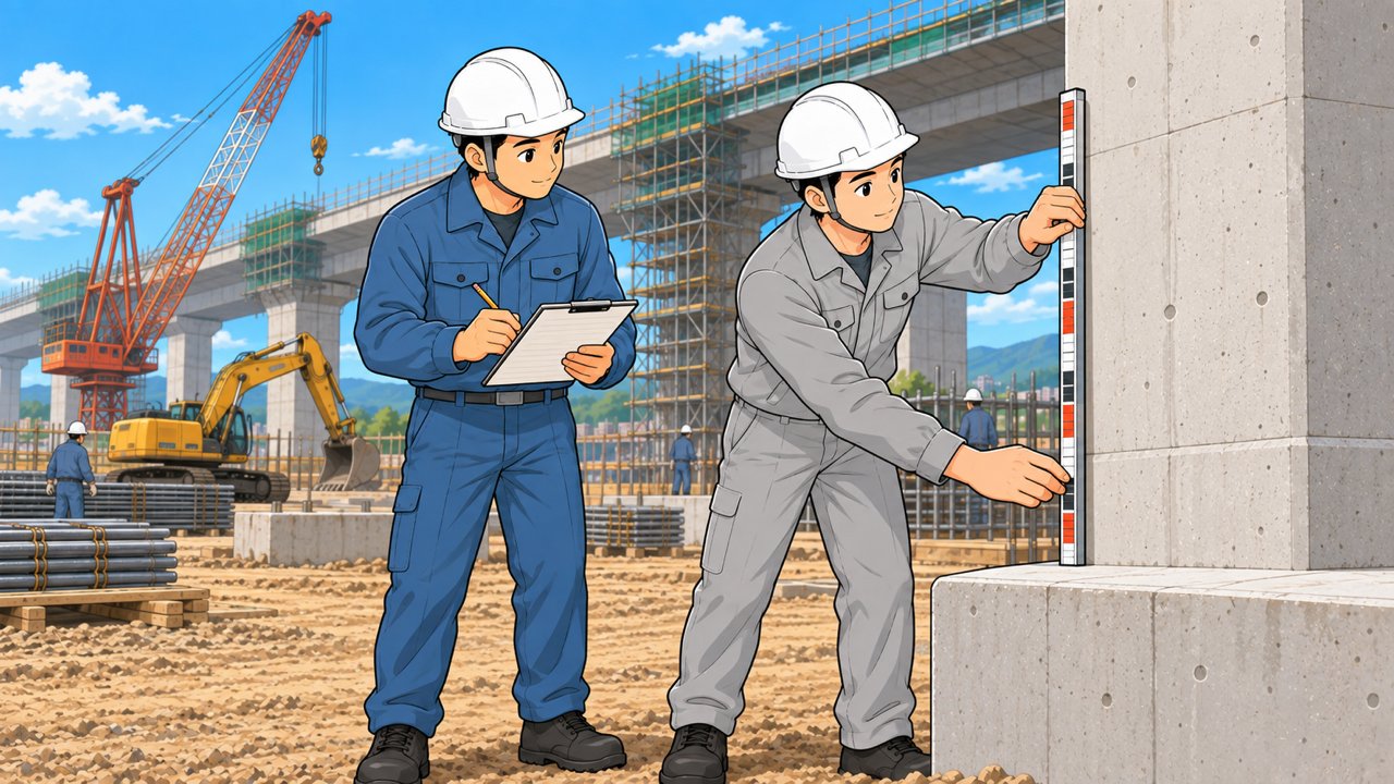 建設現場で2人の作業員が一緒に検査をしているイラスト