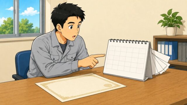 修了証と卓上カレンダーを前に驚く男性のイラスト