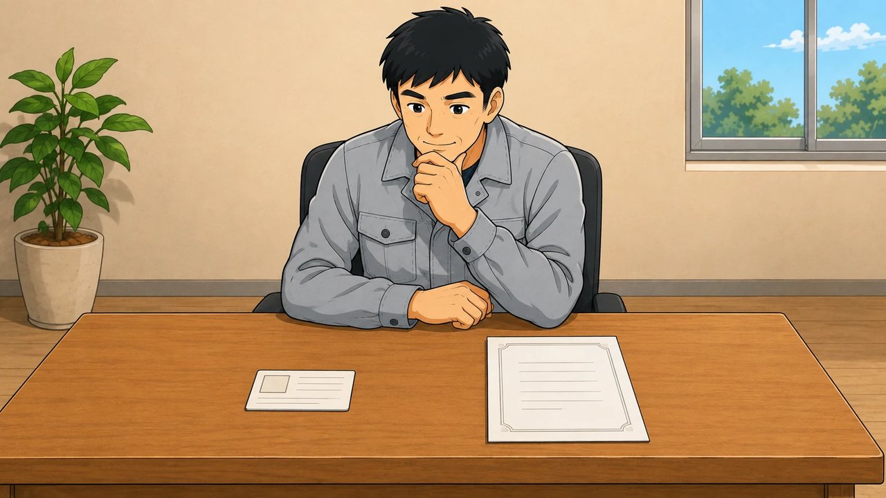 カードと書類を見比べる男性のイラスト