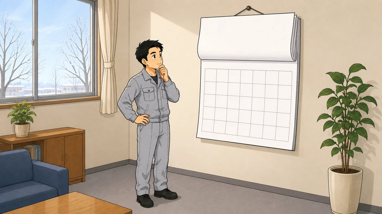 壁掛けカレンダーを見上げて考える男性のイラスト