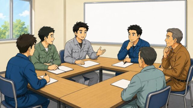 講習会場でグループ討議をする作業服の男性たちのイラスト
