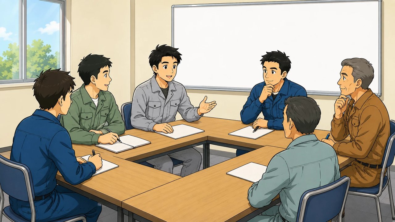 講習会場でグループ討議をする作業服の男性たちのイラスト