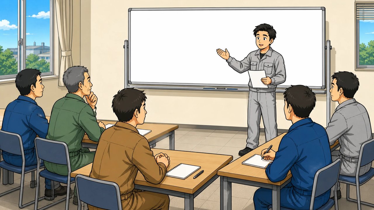 ホワイトボードの前で発表する受講者のイラスト