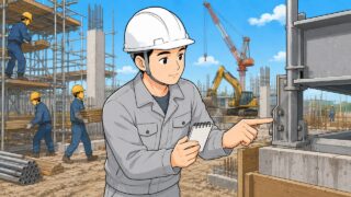 現場で構造物の細部を指差しで確認する施工管理の作業員