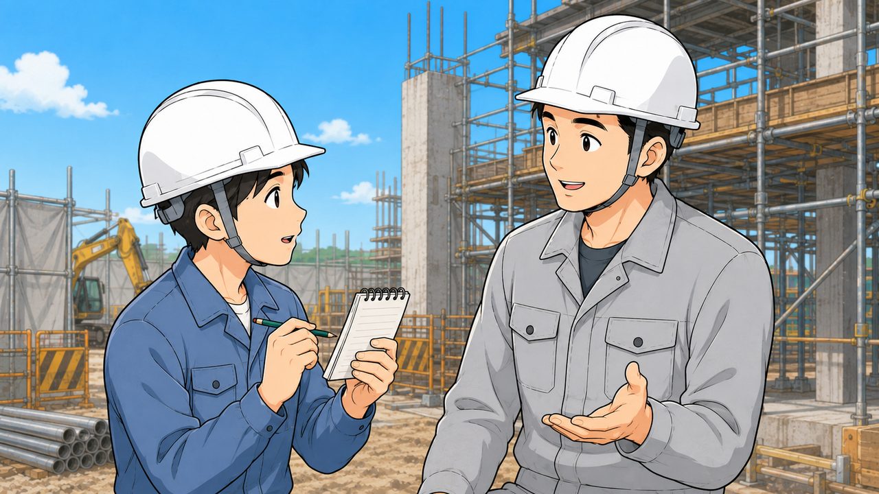 メモを片手に質問する新人と、笑顔で答える先輩の施工管理
