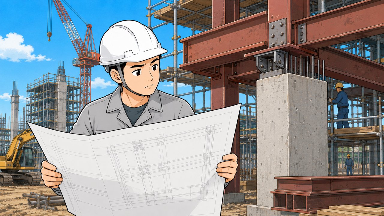 図面と実際の構造物を見比べて小さなズレを確かめる施工管理の作業員