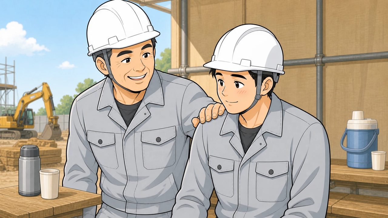 現場の休憩所で先輩に肩を叩かれて照れる男性のイラスト
