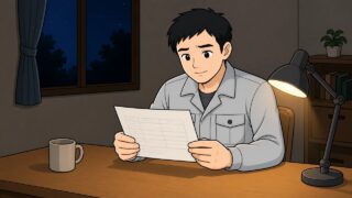 夜の自宅で給与明細を見つめる男性のイラスト