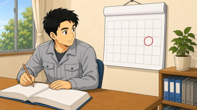机で問題集を開きながらカレンダーの赤丸を振り返って見る作業員のイラスト