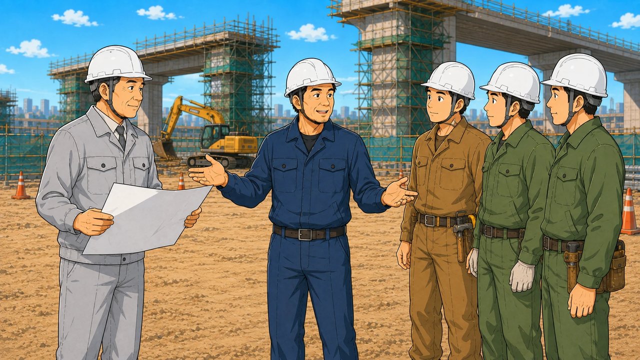 元請の所長と下請の職人の間に立って連絡を取り次ぐ職長のイラスト