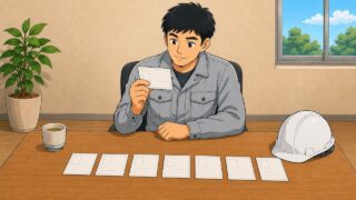 机に並べた資格の修了証カードを眺める作業員のイラスト
