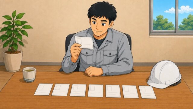 机に並べた資格の修了証カードを眺める作業員のイラスト