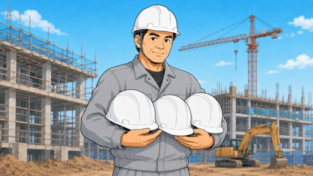 3つの白いヘルメットを抱えて笑う建設現場のベテラン所長のイラスト