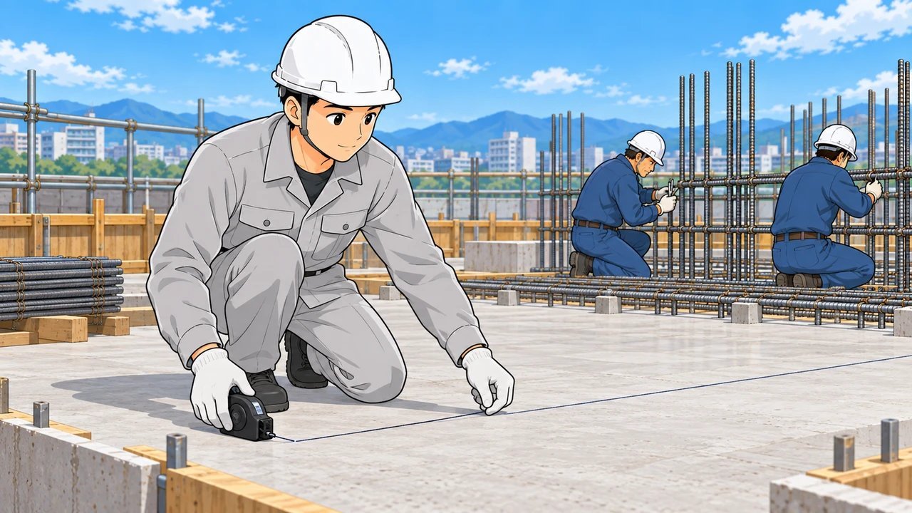 墨出しをする監督と鉄筋を組む職人さんのイラスト