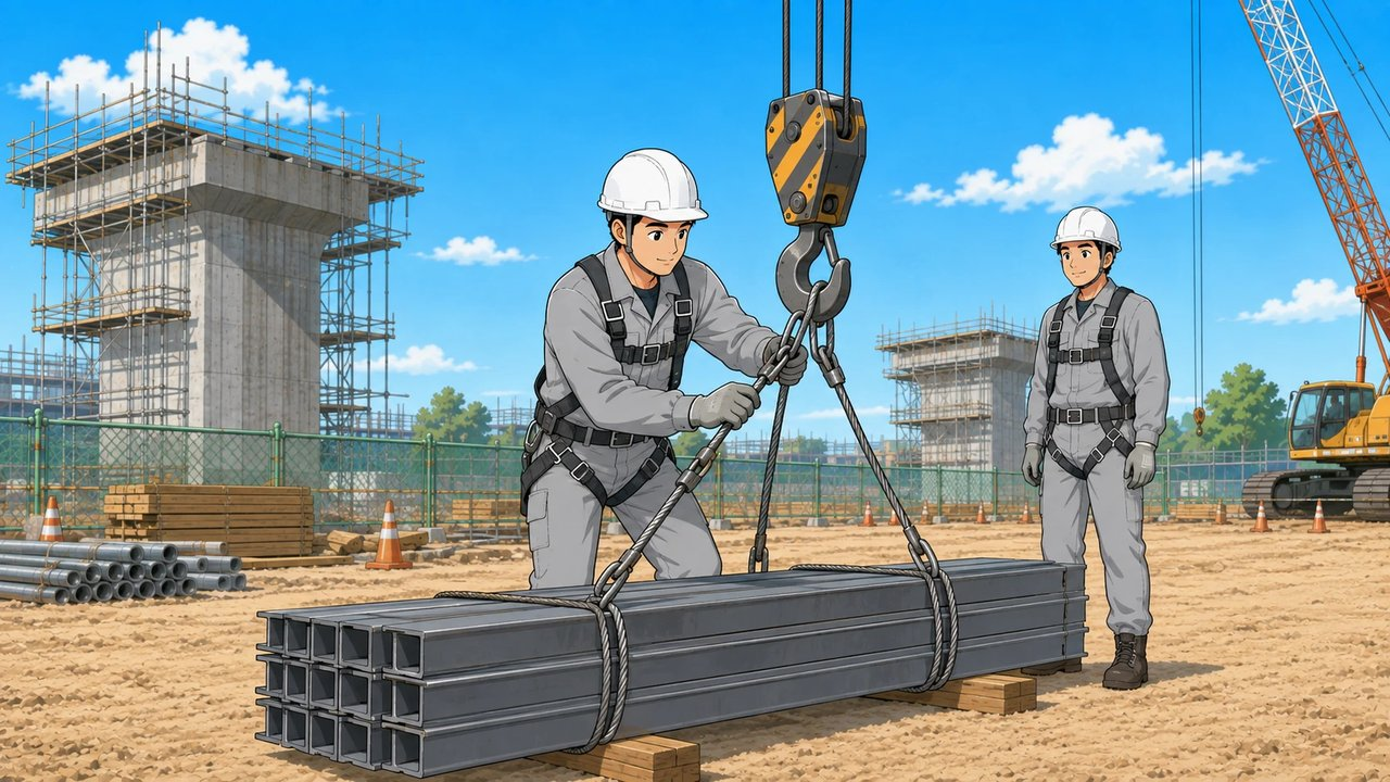 クレーンのフックに玉掛けワイヤーで鋼材を掛ける作業員のイラスト
