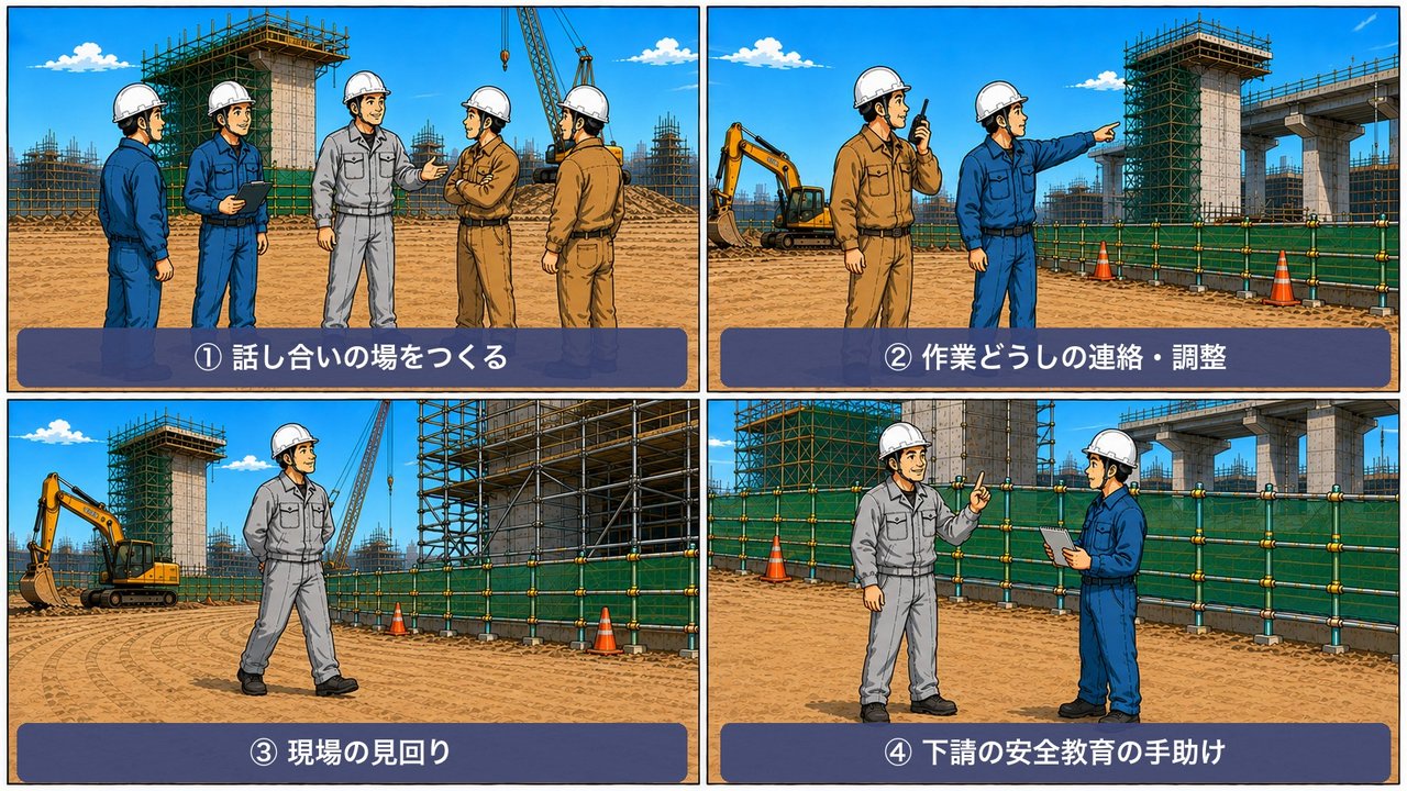 統括安全衛生責任者の仕事4つ(話し合いの場づくり・連絡調整・見回り・安全教育の手助け)の図解