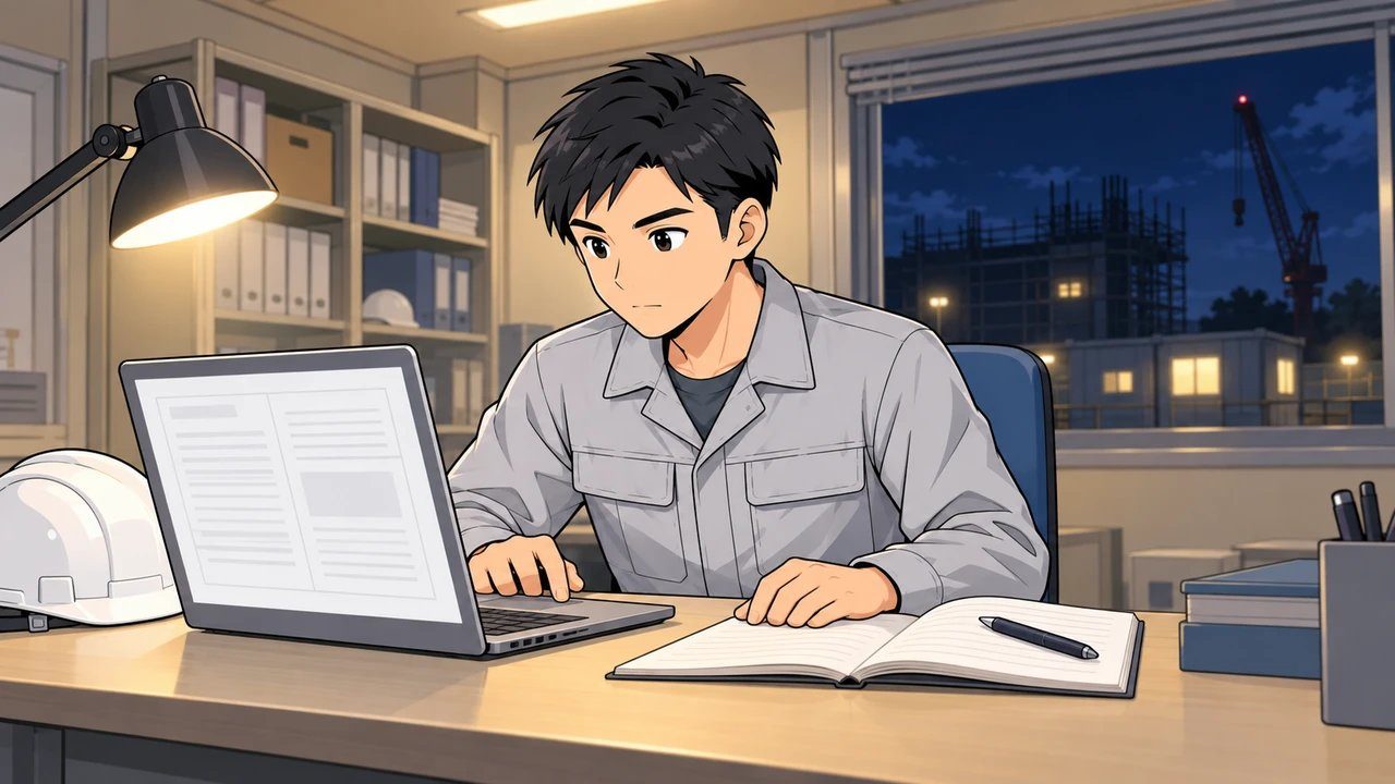 夜の事務所でパソコンの法令を確認する施工管理のイラスト