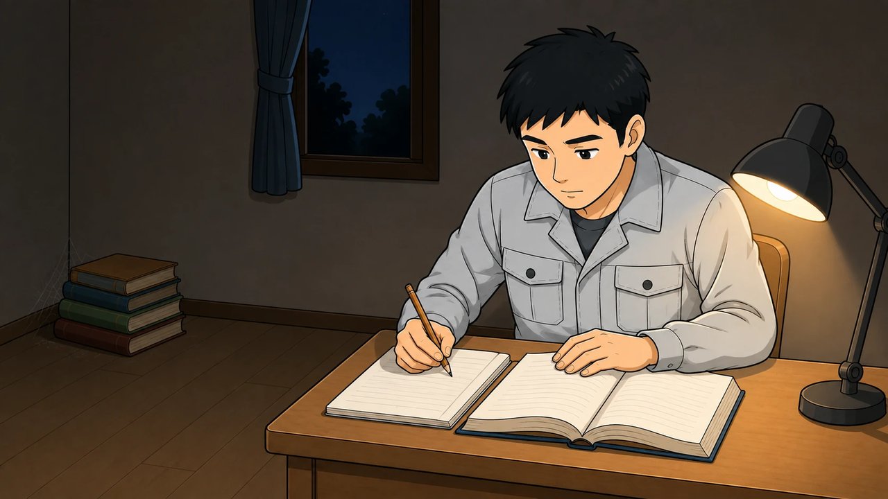 夜の部屋で1冊の問題集に集中して書き込む作業員のイラスト