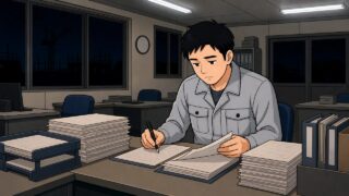 夜の現場事務所で一人残って書類仕事をするイラスト