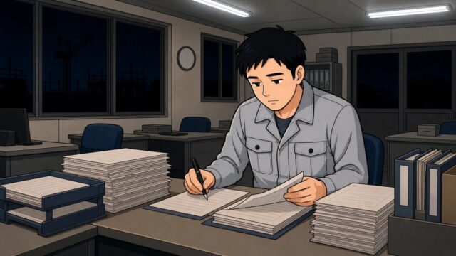 夜の現場事務所で一人残って書類仕事をするイラスト