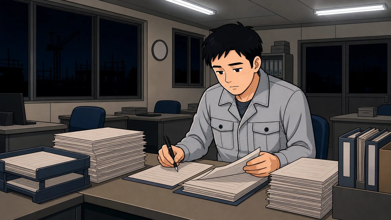 夜の現場事務所で一人残って書類仕事をするイラスト