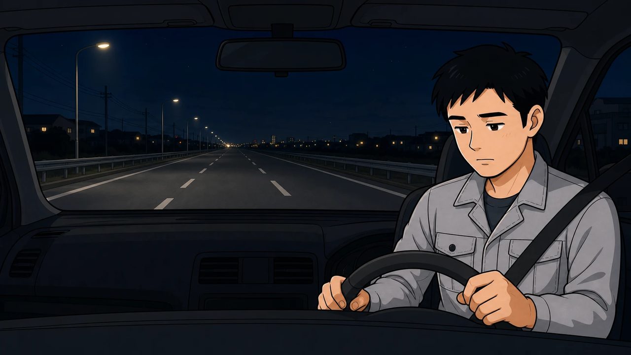 残業後の夜道を車で帰るイラスト