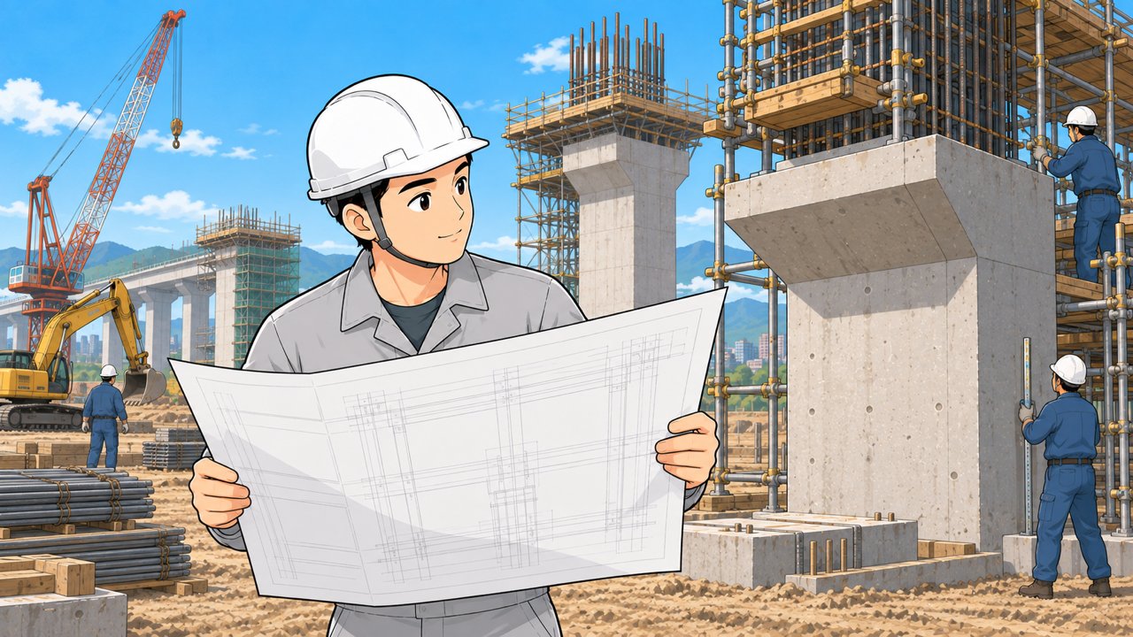 工事現場で図面を手に経験を積む作業服の男性のイラスト