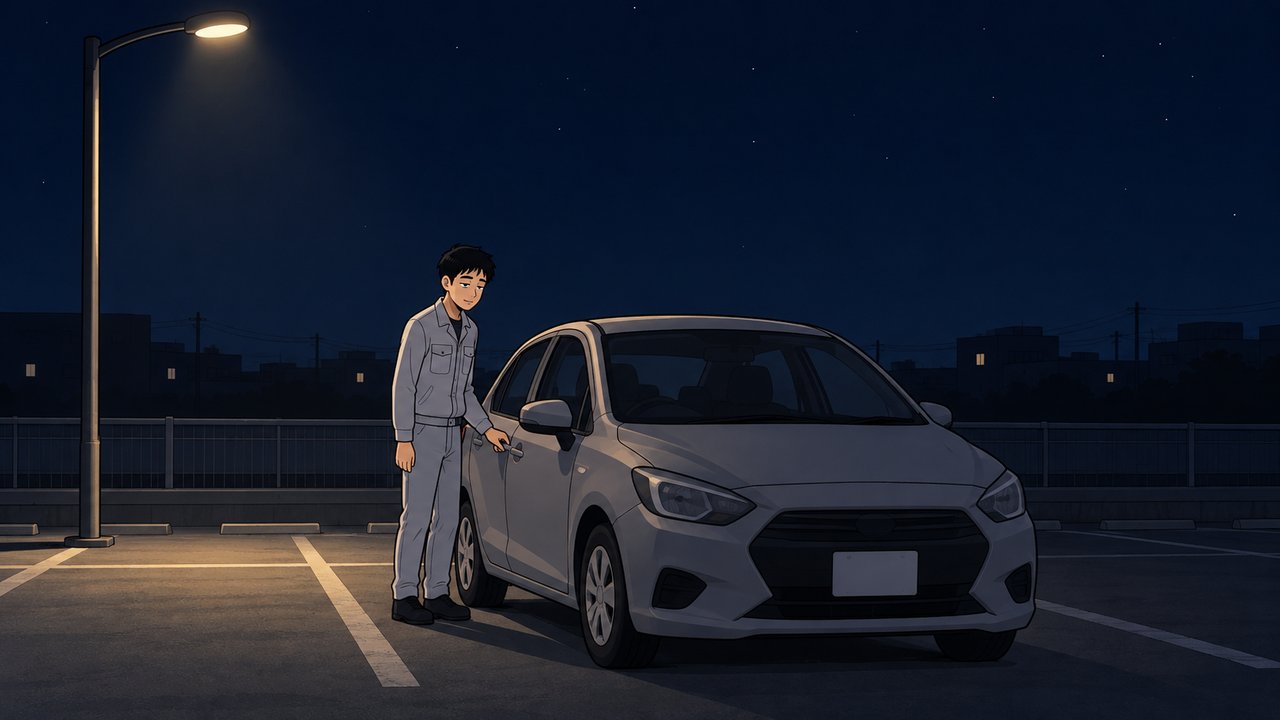 朝5時半、真っ暗な駐車場で車に乗り込む作業着姿のイラスト