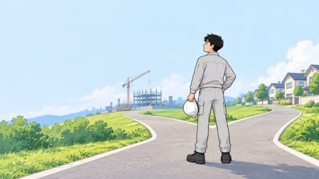 二股に分かれた道の前でヘルメットを手に立ち止まる若い施工管理のイラスト