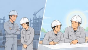厳しい上司の横でうつむく1社目と、穏やかな先輩に図面を教わる2社目を比べた施工管理のイラスト