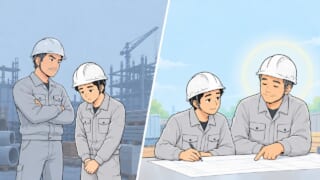 厳しい上司の横でうつむく1社目と、穏やかな先輩に図面を教わる2社目を比べた施工管理のイラスト