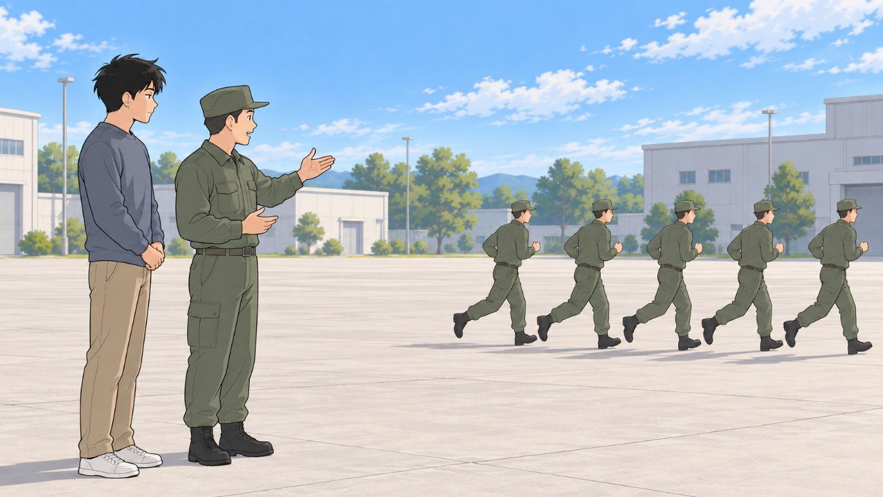 自衛隊の基地で、駆け足で移動する隊員を案内の人と見学するイラスト