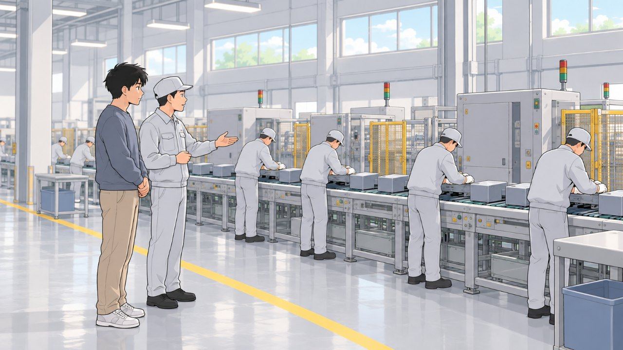 工場のラインを、案内の人の説明を聞きながら見学するイラスト