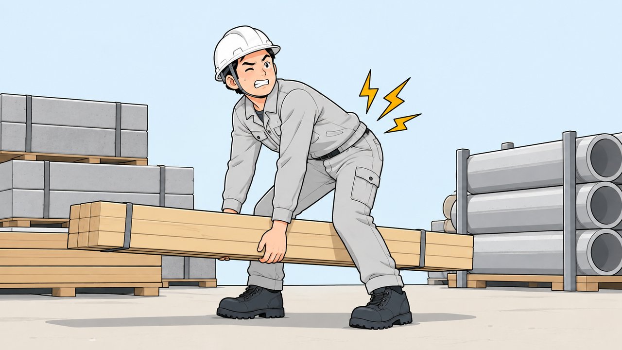 資材を持ち上げた瞬間にぎっくり腰になる施工管理のイラスト