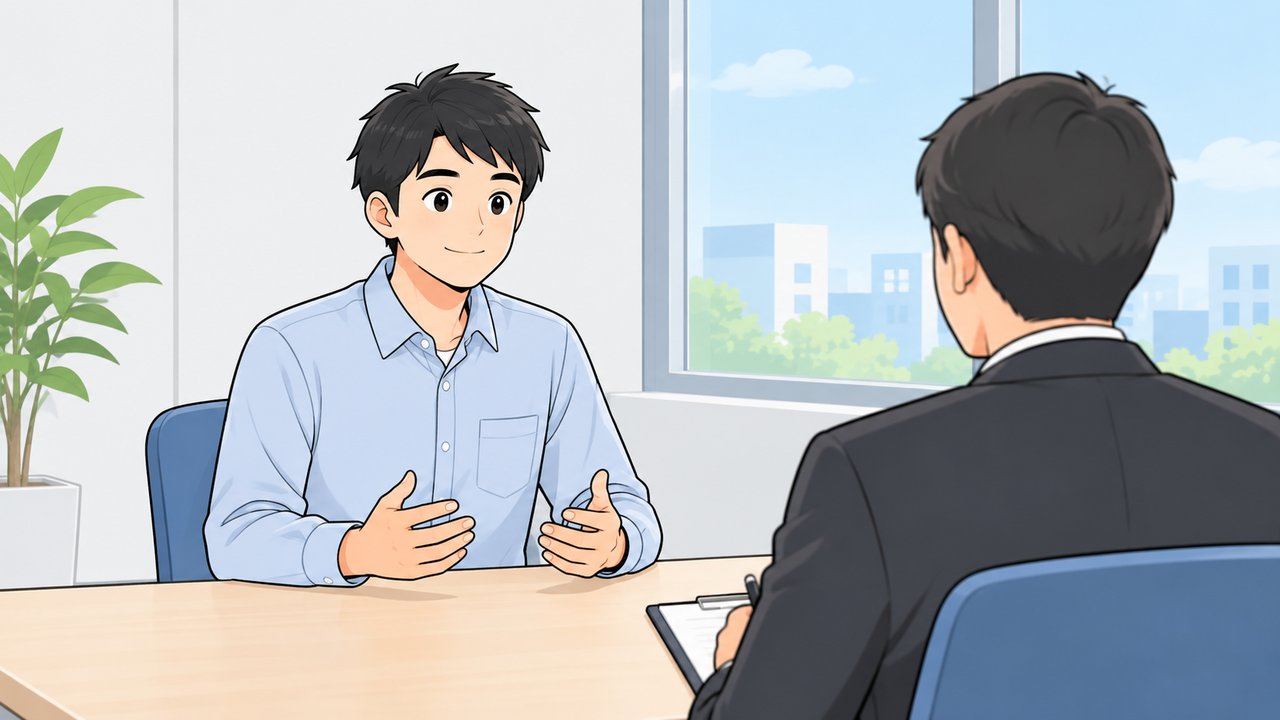 私服で面接を受け、辞めた理由を正直に話す男性のイラスト