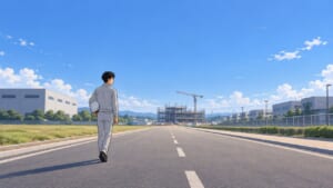 工場と基地のあいだの道を、建設現場へ歩いていく作業着姿のイラスト