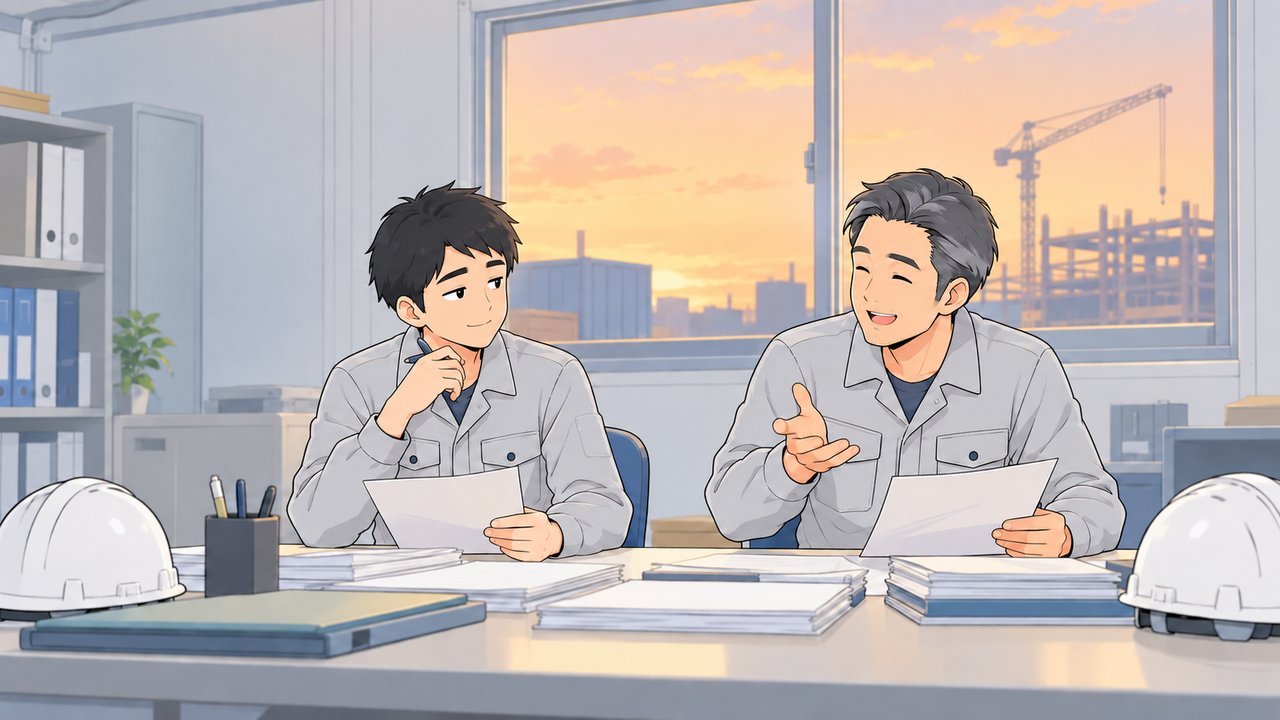 夕方の現場事務所で、先輩の話に笑いながら短い残業をする施工管理のイラスト